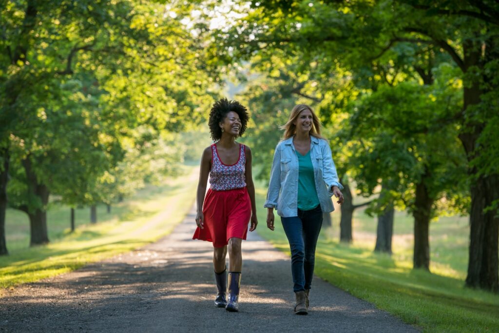Women walking through a park