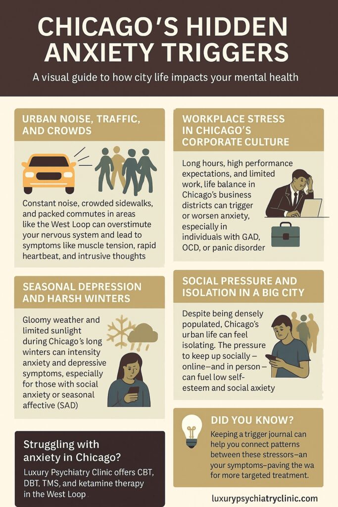 Infographic showing top anxiety triggers in Chicago, including West Loop crowds, workplace stress, winter depression, and social pressure.