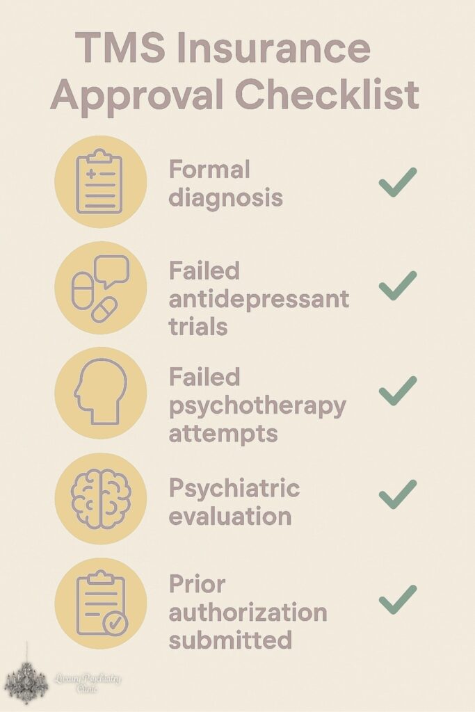 A checklist of information one needs to provide and go through before they can get insurance approval for TMS in Illinois